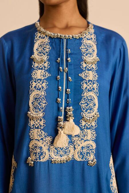 Inej_Blue Cotton, Silk Pearls, Tassels Round Neck Straight Cut Maxi Dress _at_Aza_Fashions