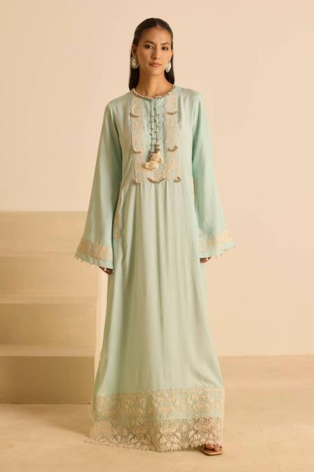 Buy_Inej_Sky Blue Cotton Pearls, Tassels Round Neck Straight Cut Maxi Dress _Online_at_Aza_Fashions