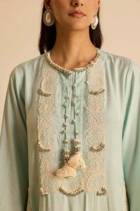 Inej_Sky Blue Cotton Pearls, Tassels Round Neck Straight Cut Maxi Dress _at_Aza_Fashions