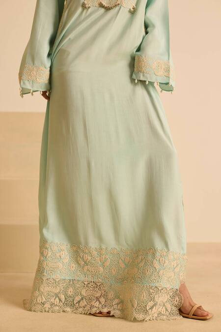 Buy_Inej_Sky Blue Cotton Pearls, Tassels Round Neck Straight Cut Maxi Dress 