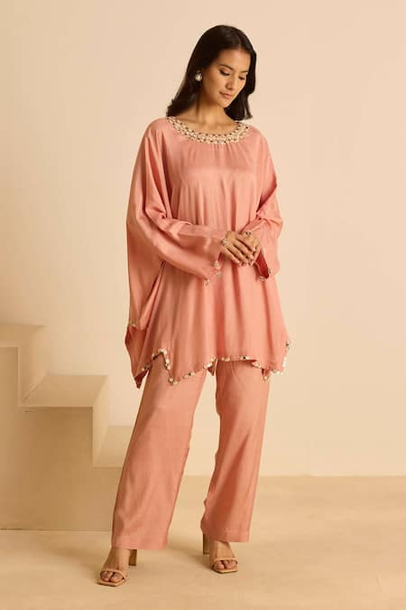 Inej_Pink Cotton, Silk Pearls, Sequins Round Embellished Kaftan And Bell Bottom Set _Online_at_Aza_Fashions