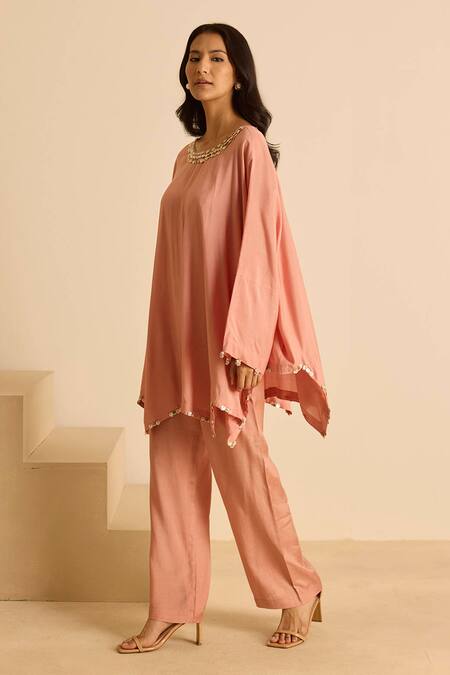 Buy_Inej_Pink Cotton, Silk Pearls, Sequins Round Embellished Kaftan And Bell Bottom Set _Online_at_Aza_Fashions