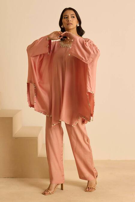 Shop_Inej_Pink Cotton, Silk Pearls, Sequins Round Embellished Kaftan And Bell Bottom Set _Online_at_Aza_Fashions