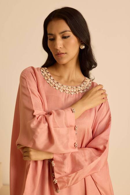 Buy_Inej_Pink Cotton, Silk Pearls, Sequins Round Embellished Kaftan And Bell Bottom Set 