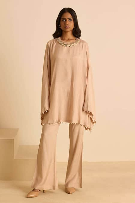 Inej_Beige Cotton Pearls Round Neck Peach Square Sleeve Kaftan Set _Online_at_Aza_Fashions