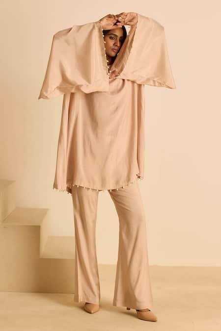 Inej_Beige Cotton Pearls Round Neck Peach Square Sleeve Kaftan Set _at_Aza_Fashions