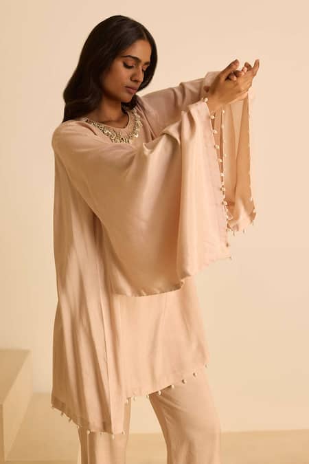 Buy_Inej_Beige Cotton Pearls Round Neck Peach Square Sleeve Kaftan Set 