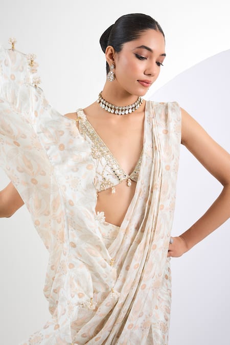 Buy_Neha Khullar_Ivory Chiffon Pearls, Embroidery V-neck Floral Pre-draped Saree Set _Online_at_Aza_Fashions