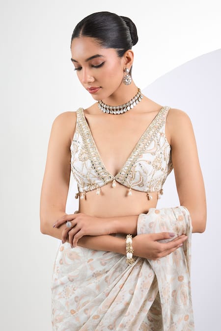 Shop_Neha Khullar_Ivory Chiffon Pearls, Embroidery V-neck Floral Pre-draped Saree Set _Online_at_Aza_Fashions