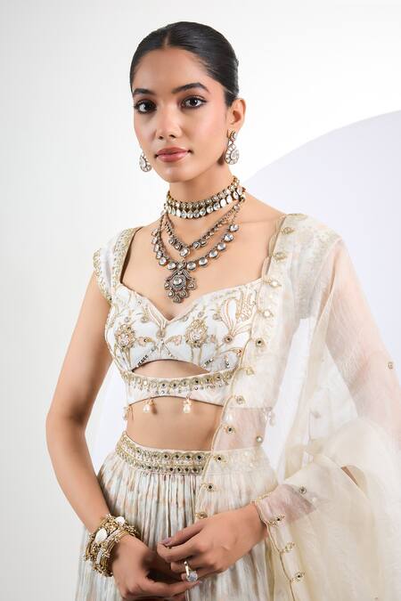 Neha Khullar_Ivory Chiffon, Organza Pearls, Floral Printed Lehenga Set With Dupatta _Online_at_Aza_Fashions