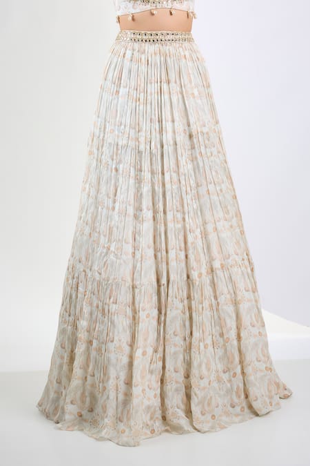 Buy_Neha Khullar_Ivory Chiffon, Organza Pearls, Floral Printed Lehenga Set With Dupatta _Online_at_Aza_Fashions