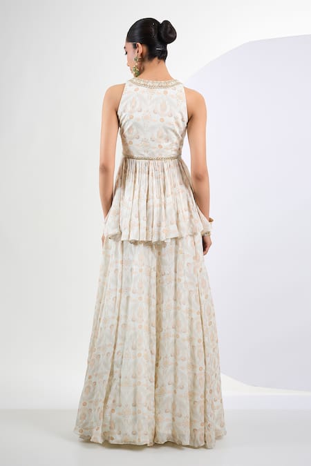 Shop Neha Khullar Ivory Chiffon Embroidery V-neck Floral Printed Sharara Set at Aza Fashions Shop_Neha Khullar_Ivory Chiffon Embroidery V-neck Floral Printed Sharara Set _at_Aza_Fashions