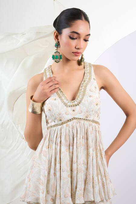 Neha Khullar Ivory Chiffon Embroidery V-neck Floral Printed Sharara Set Online at Aza Fashions Neha Khullar_Ivory Chiffon Embroidery V-neck Floral Printed Sharara Set _Online_at_Aza_Fashions