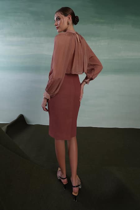 Shop Orthodox Brown Crepe Embroidery High-waisted Pencil Skirt at Aza Fashions Shop_Orthodox_Brown Crepe Embroidery High-waisted Pencil Skirt _at_Aza_Fashions