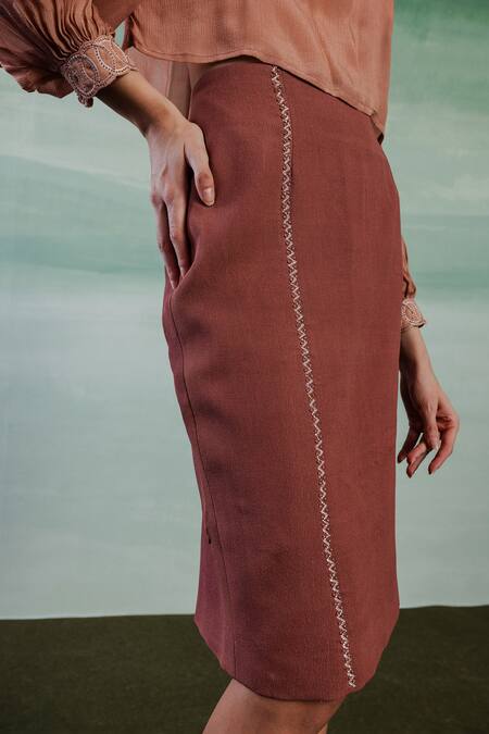 Orthodox Brown Crepe Embroidery High-waisted Pencil Skirt Online at Aza Fashions Orthodox_Brown Crepe Embroidery High-waisted Pencil Skirt _Online_at_Aza_Fashions