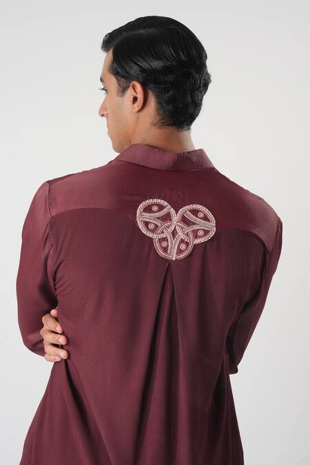 Shop_Orthodox_Wine Satin, Crepe Embroidery Berry Shirt _at_Aza_Fashions