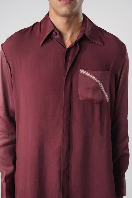 Orthodox_Wine Satin, Crepe Embroidery Berry Shirt _Online_at_Aza_Fashions