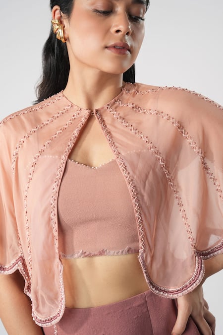 Orthodox_Pink Organza Zardozi Work Cape _Online_at_Aza_Fashions