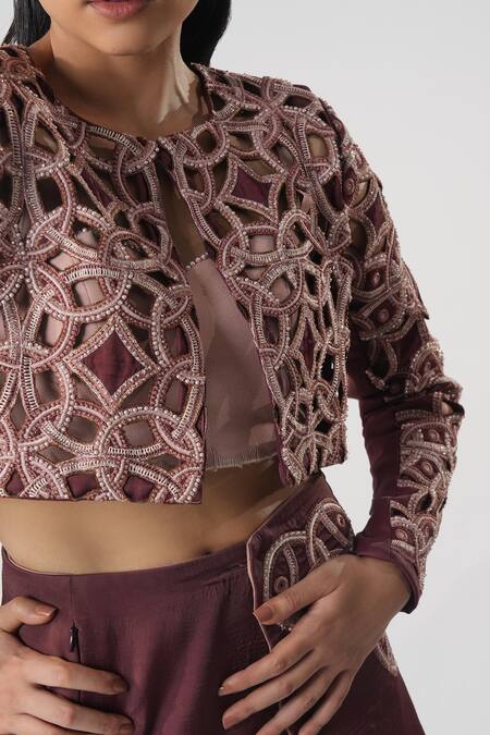 Orthodox_Wine Satin Embroidery, Cut Work Open Neck Intricate Jacket _Online_at_Aza_Fashions
