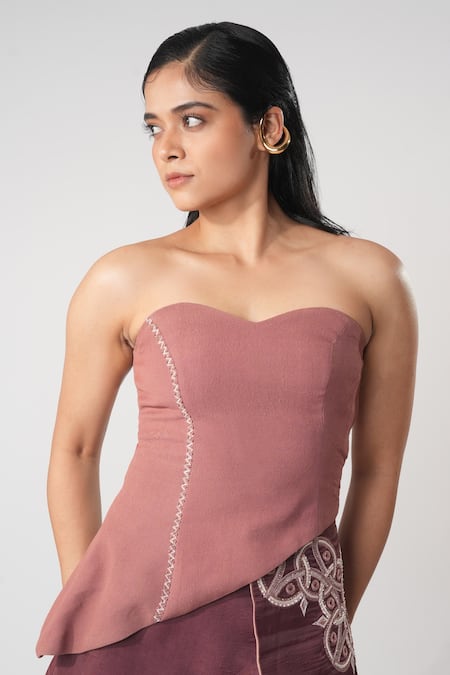 Orthodox Pink Crepe Embroidery Sweetheart Neck Asymmetrical Corset Online at Aza Fashions Orthodox_Pink Crepe Embroidery Sweetheart Neck Asymmetrical Corset _Online_at_Aza_Fashions
