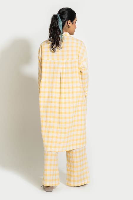 Shop_Pants And Pajamas_Yellow Handloom , Embroidery Collared Check Hand Woven Kurta Set _at_Aza_Fashions