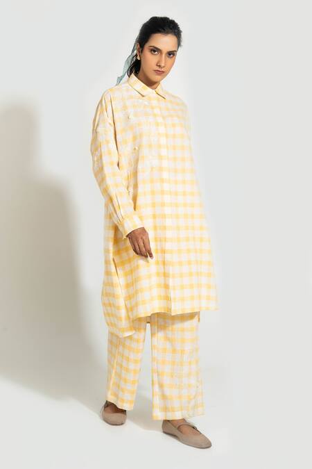 Buy_Pants And Pajamas_Yellow Handloom , Embroidery Collared Check Hand Woven Kurta Set _Online_at_Aza_Fashions