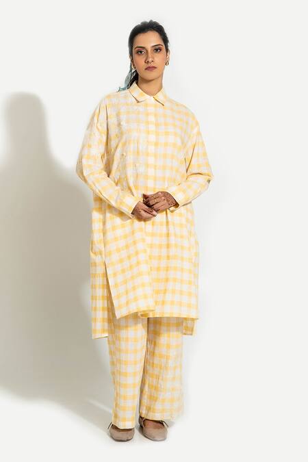 Shop_Pants And Pajamas_Yellow Handloom , Embroidery Collared Check Hand Woven Kurta Set _Online_at_Aza_Fashions