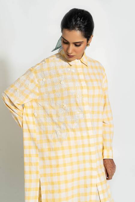 Pants And Pajamas_Yellow Handloom , Embroidery Collared Check Hand Woven Kurta Set _at_Aza_Fashions