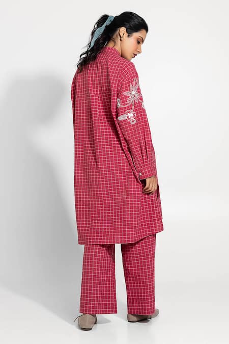 Shop_Pants And Pajamas_Red Handloom Cotton Embroidery Collared Hand Woven Kurta Set _at_Aza_Fashions