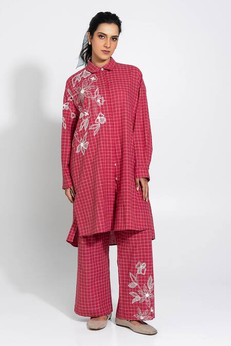 Shop_Pants And Pajamas_Red Handloom Cotton Embroidery Collared Hand Woven Kurta Set _Online_at_Aza_Fashions