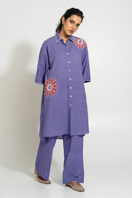 Pants And Pajamas_Purple , Handloom Embroidery Collared Hand Woven Kurta Set _Online_at_Aza_Fashions