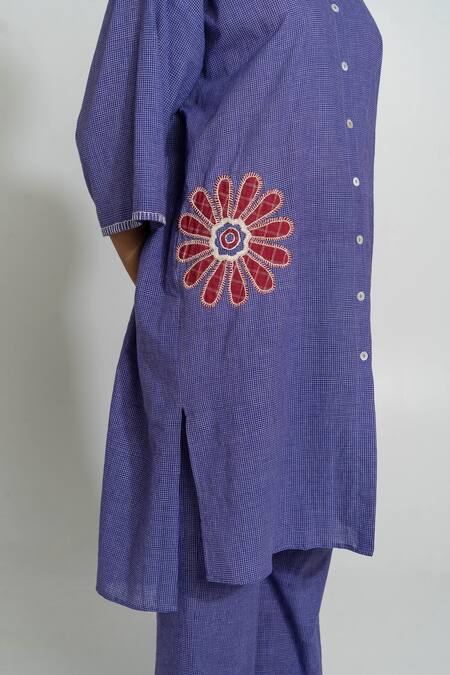 Shop_Pants And Pajamas_Purple , Handloom Embroidery Collared Hand Woven Kurta Set _Online_at_Aza_Fashions