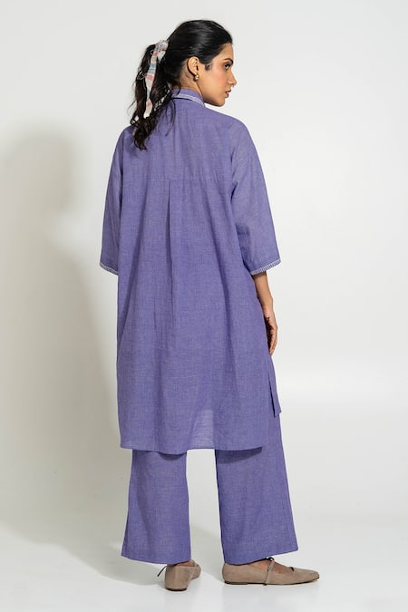 Shop_Pants And Pajamas_Purple , Handloom Embroidery Collared Hand Woven Kurta Set _at_Aza_Fashions
