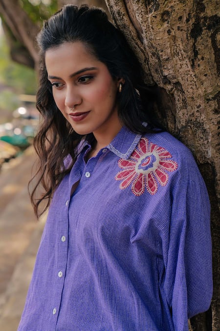 Pants And Pajamas_Purple , Handloom Embroidery Collared Hand Woven Kurta Set _at_Aza_Fashions