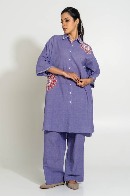 Buy_Pants And Pajamas_Purple , Handloom Embroidery Collared Hand Woven Kurta Set 