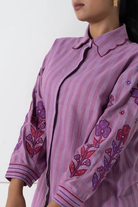 Pants And Pajamas_Lilac Handloom Cotton Embroidery Scoop Neck Hand Woven Stripe Shirt _Online_at_Aza_Fashions