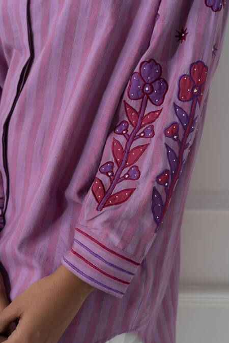 Buy_Pants And Pajamas_Lilac Handloom Cotton Embroidery Scoop Neck Hand Woven Stripe Shirt _Online_at_Aza_Fashions