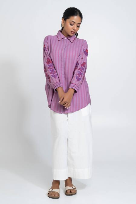 Shop_Pants And Pajamas_Lilac Handloom Cotton Embroidery Scoop Neck Hand Woven Stripe Shirt _Online_at_Aza_Fashions