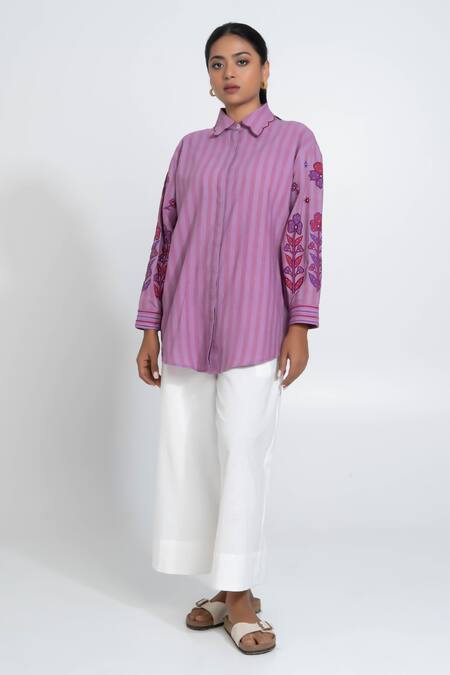 Pants And Pajamas_Lilac Handloom Cotton Embroidery Scoop Neck Hand Woven Stripe Shirt _at_Aza_Fashions