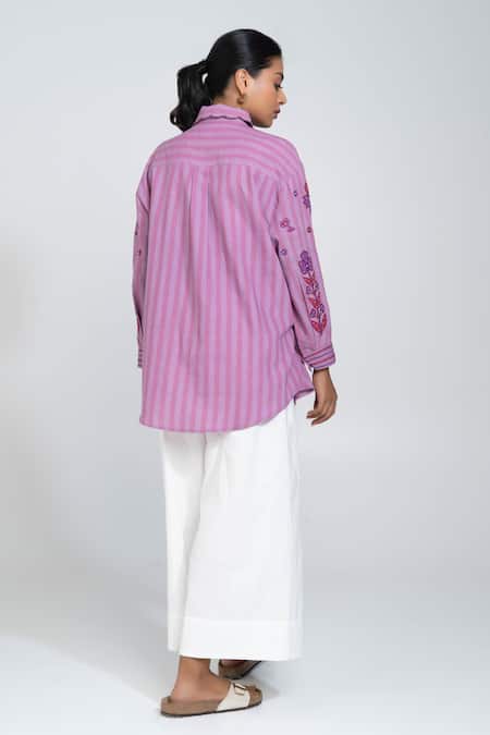Shop_Pants And Pajamas_Lilac Handloom Cotton Embroidery Scoop Neck Hand Woven Stripe Shirt _at_Aza_Fashions