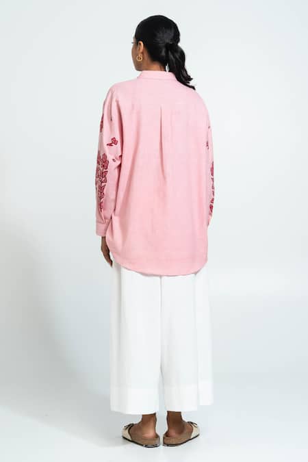 Shop_Pants And Pajamas_Pink Cotton Embroidery Collared Hand Woven Shirt _at_Aza_Fashions