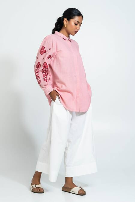 Pants And Pajamas_Pink Cotton Embroidery Collared Hand Woven Shirt _Online_at_Aza_Fashions