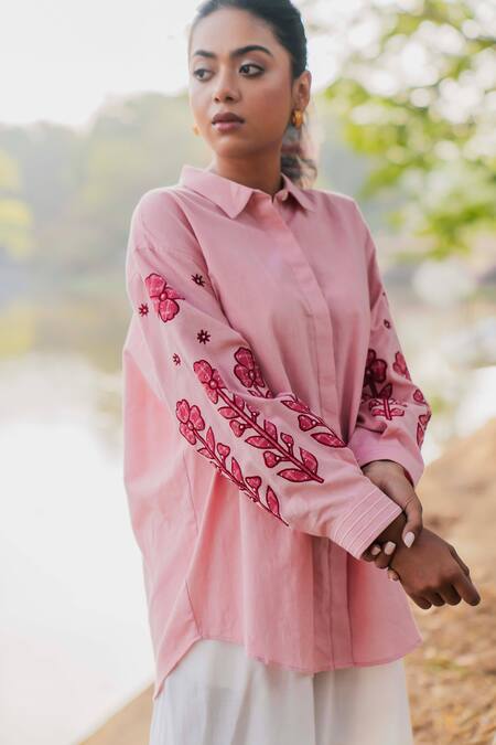 Buy_Pants And Pajamas_Pink Cotton Embroidery Collared Hand Woven Shirt _Online_at_Aza_Fashions