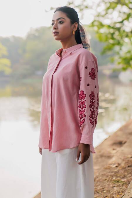Shop_Pants And Pajamas_Pink Cotton Embroidery Collared Hand Woven Shirt _Online_at_Aza_Fashions