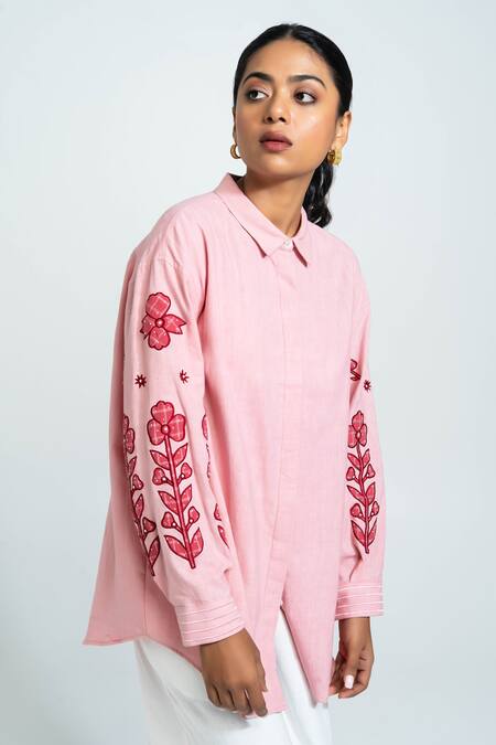 Pants And Pajamas_Pink Cotton Embroidery Collared Hand Woven Shirt _at_Aza_Fashions