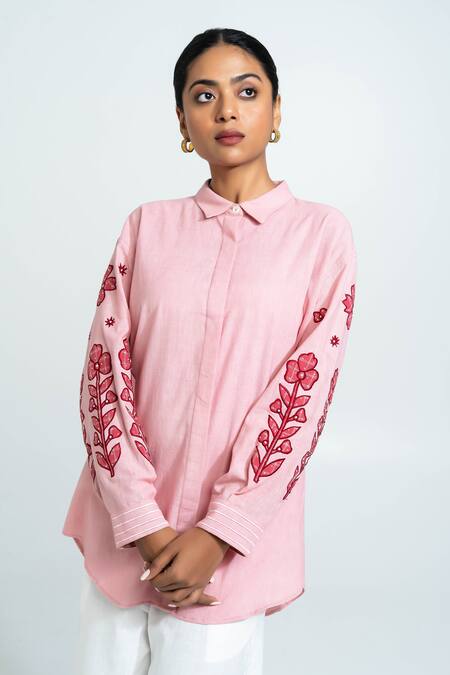 Buy_Pants And Pajamas_Pink Cotton Embroidery Collared Hand Woven Shirt 