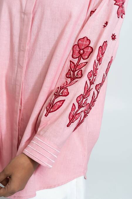 Shop_Pants And Pajamas_Pink Cotton Embroidery Collared Hand Woven Shirt 