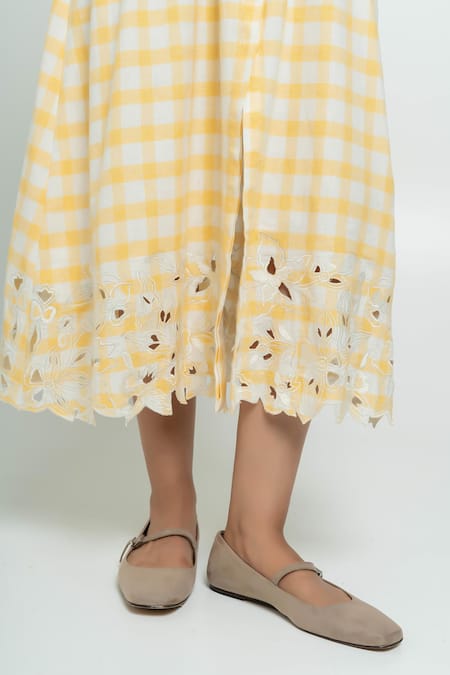 Buy_Pants And Pajamas_Yellow Cotton Embroidery Collared Hand Woven Check Dress _Online_at_Aza_Fashions