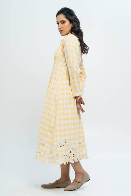 Shop_Pants And Pajamas_Yellow Cotton Embroidery Collared Hand Woven Check Dress _Online_at_Aza_Fashions