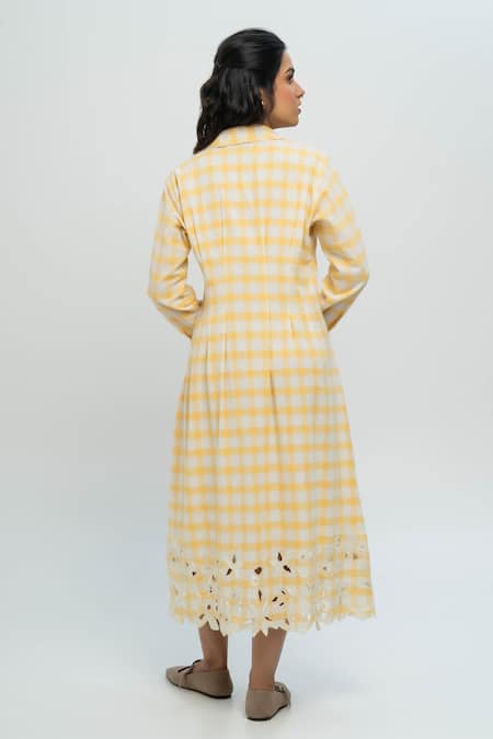 Shop_Pants And Pajamas_Yellow Cotton Embroidery Collared Hand Woven Check Dress _at_Aza_Fashions